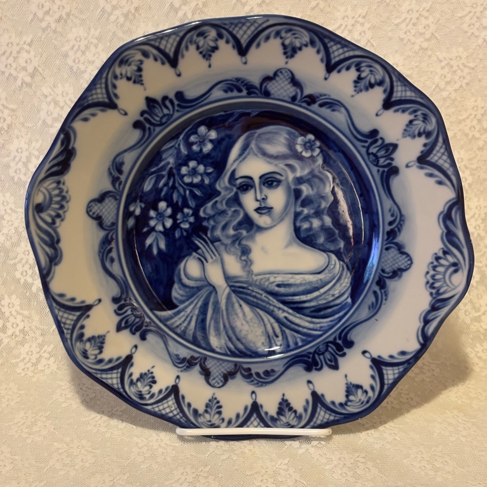 Blue and White Decorative Wall Hanging Plate. Portrait of a female.